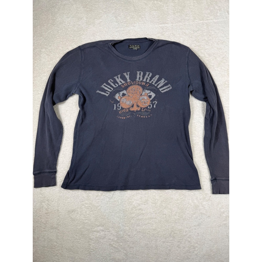 Y2K Lucky Brand Thermal Shirt Mens XL‎ Blue Graphic Waffle Knit 7MC8022 Showdown
